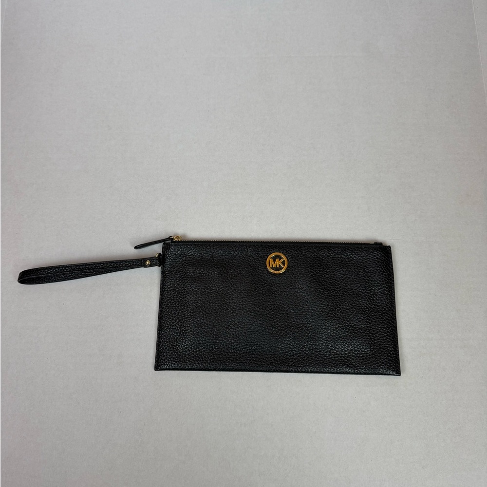 Michael Kors Black Leather‎ Wristlet Clutch Gold Hardware Large Zip Pouch